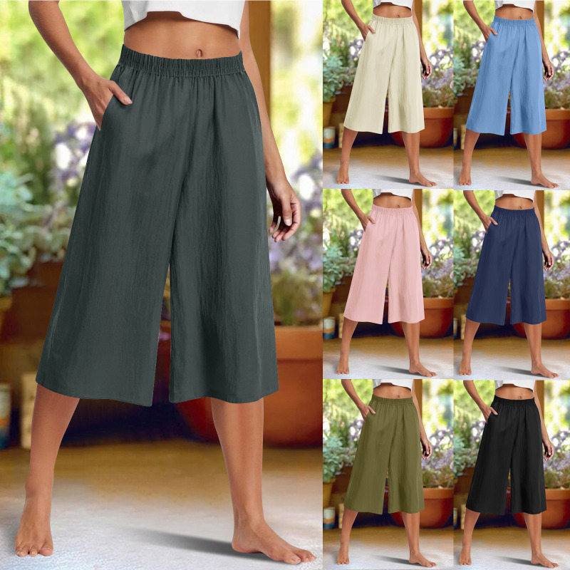 Cross-Border Amazon Summer New Loose Solid Color Wide-Leg Pants European and American Women's Casual Pleated Cropped Shorts