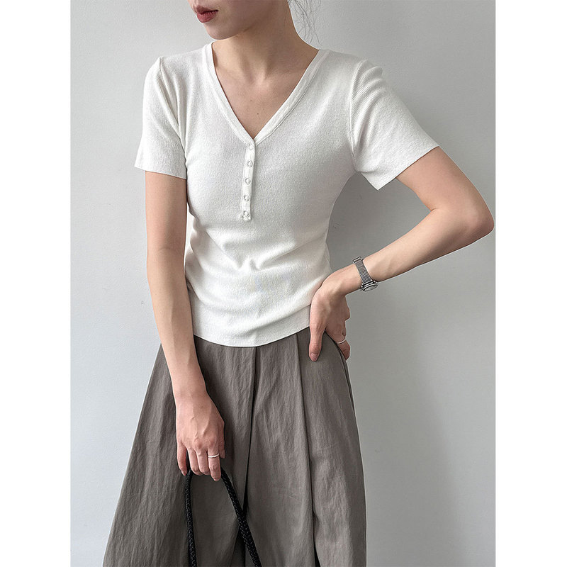 Luxi Korean-Style Gentle Knit Cardigan for Women, Summer New Model, Half-Button V-Neck Short-Sleeve Top Ss1020