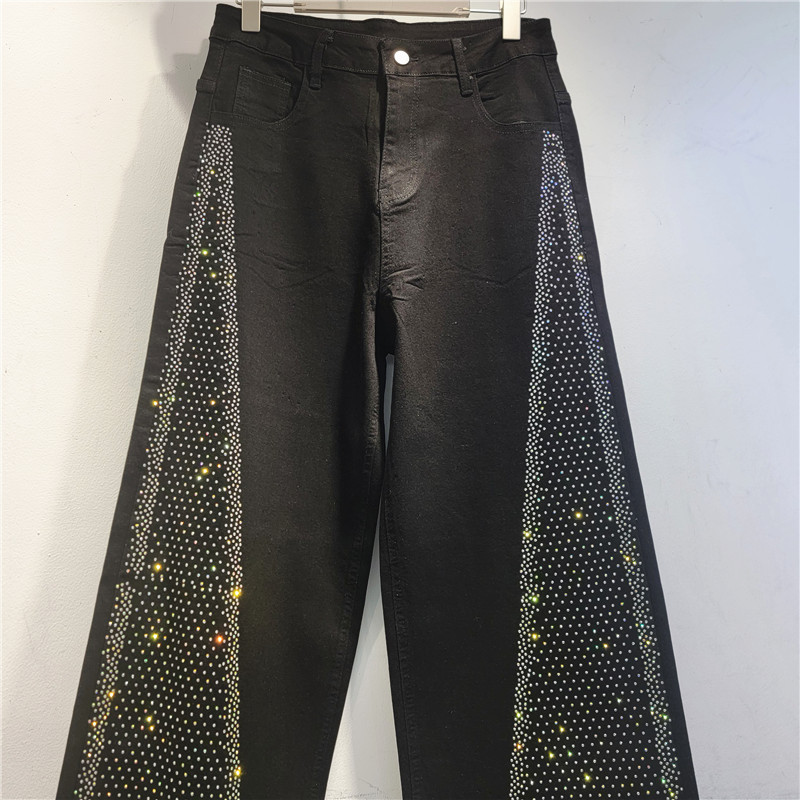 Brillante lateral diseño de taladro caliente jeans elásticos de primavera de mujer nuevos pantalones de piernas largas de cintura alta sueltos delgados
