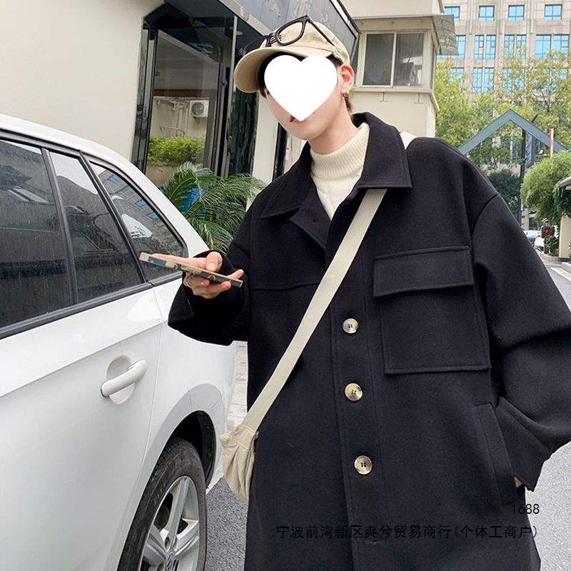 Men's mid-length wool overcoat, autumn style, Hong Kong style, winter suit-like double-faced wool British style coat, black.