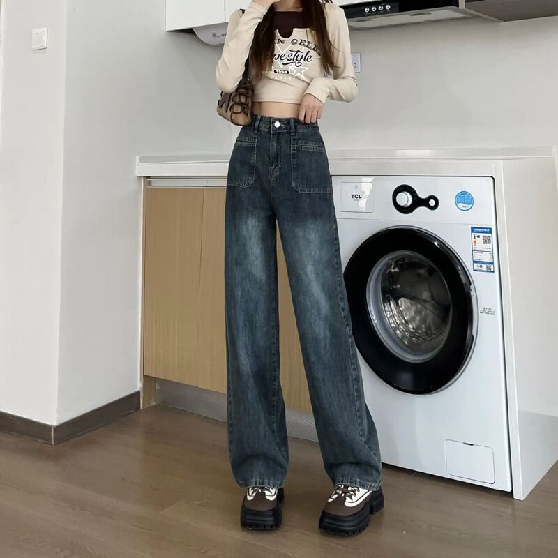 阔腿牛仔裤女春秋款2025新款ins风宽松高腰窄版直筒矮个子裤子女|undefined
