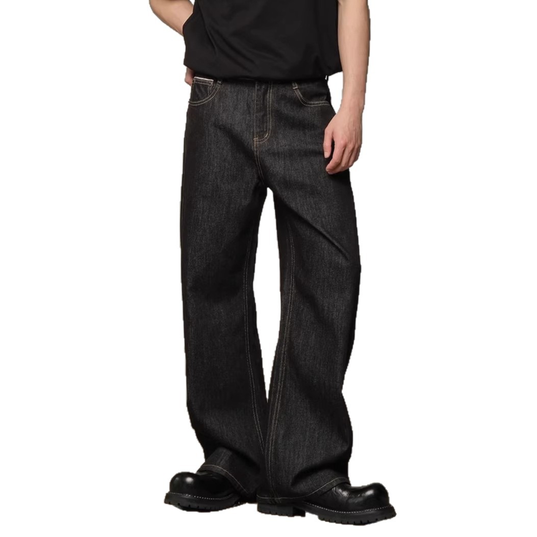 Classic American Raw Denim Jeans For Men – Straight Leg Relaxed Fit Washed Black Denim Pants, Vintage Style For Everyday Wear_mkmklike.com