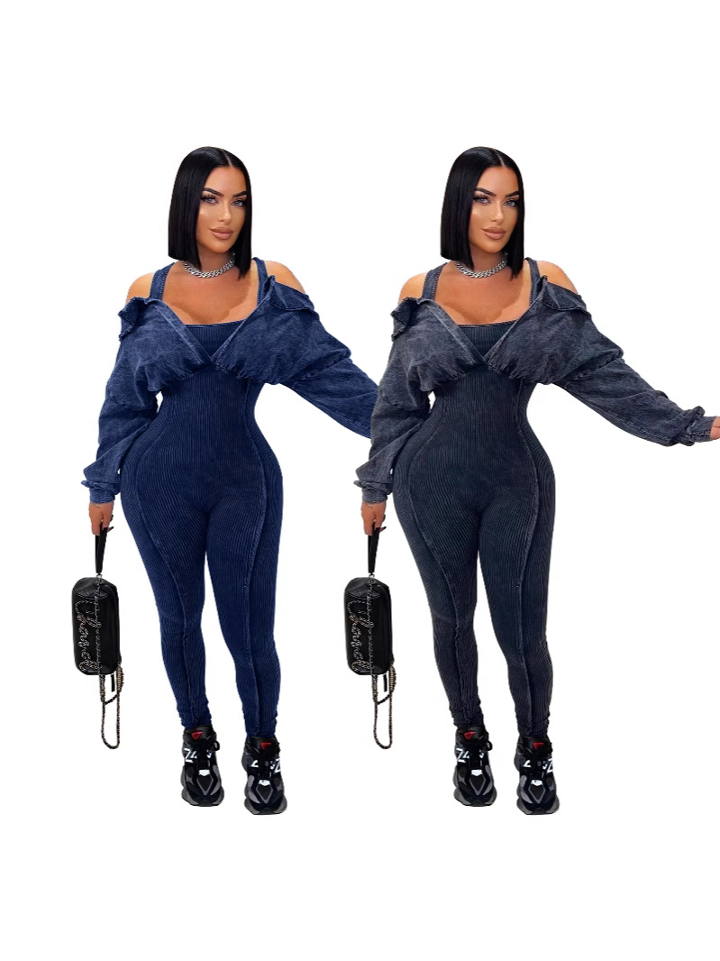 Explosiones europeas y americanas de ropa de mujer V-collar de pierna mangas apretadas empalmadas jatuanes otoño y invierno nuevo conjunto sexy nueva ropa de mujer