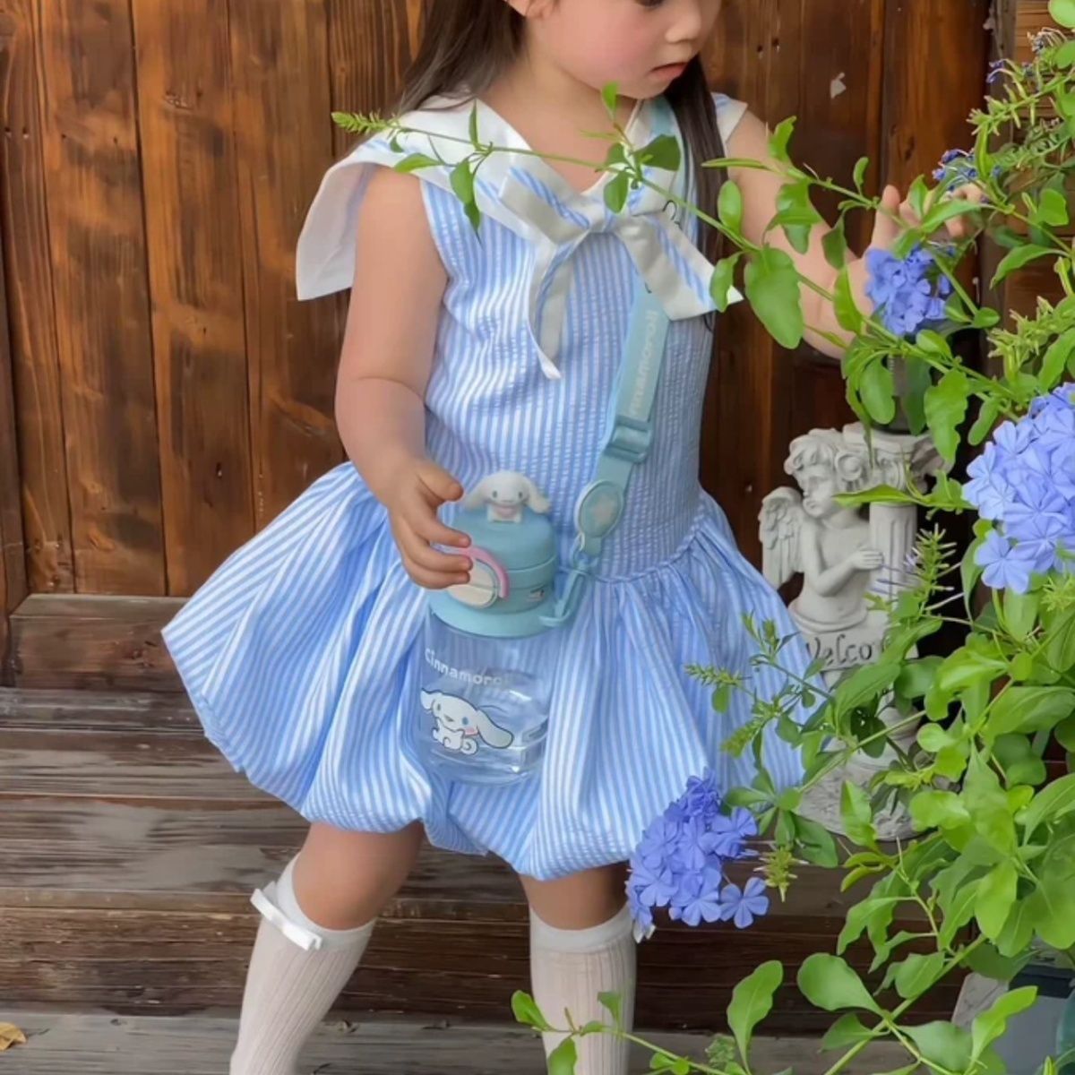 Mädchen Kleid In Dunkelblau Gestreift Elegant Mit Puffärmeln_voghion.com