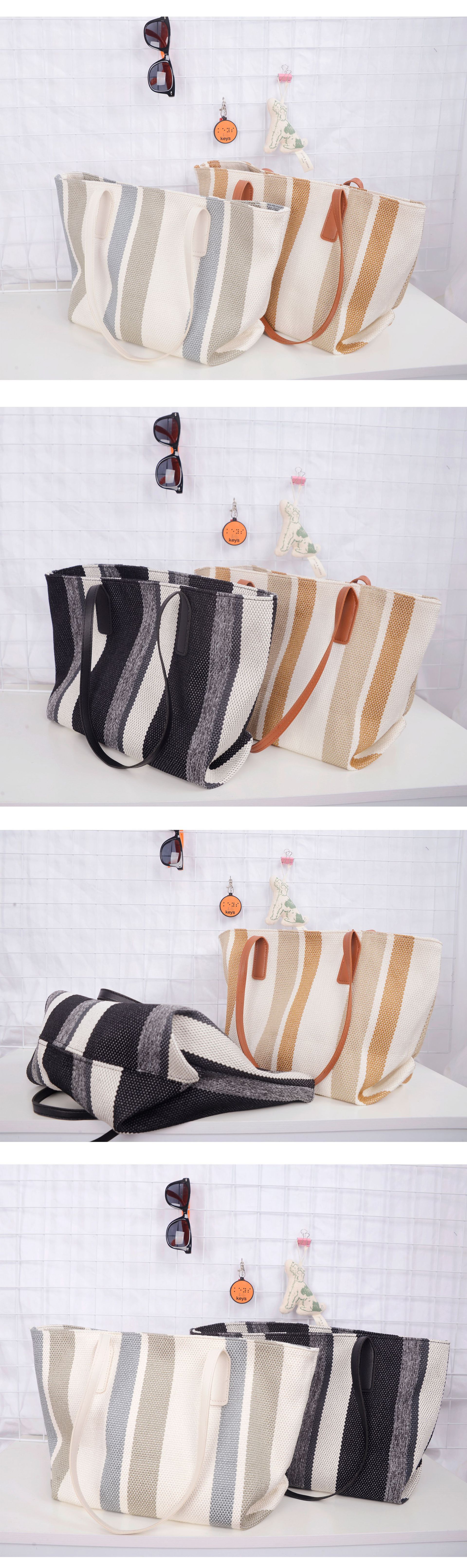 225g Weight Polyester Lining Material Zipper Closure Type Top Handle Strap Type Tote Bag Bags Type Street Occasion Canvas Material Stripe Pattern All Seasons Season Streetwear Style Square Shape Large Size Large All Seasons Canvas Streetwear Tote Bag