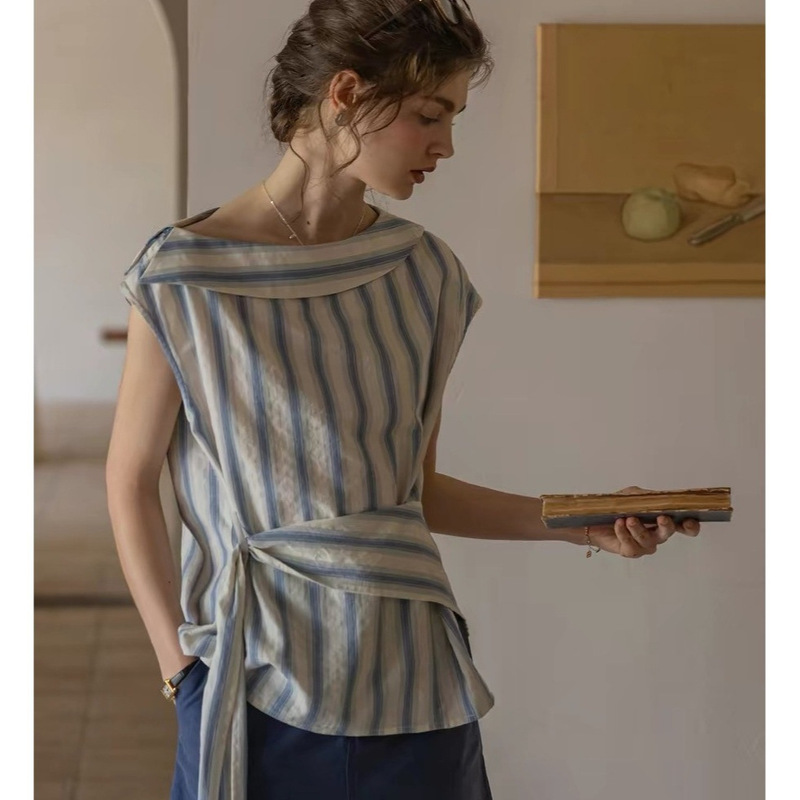 Dailyart "Galaxy Daylight" Designer Style One-Shoulder, One-Collar Pure Cotton Jacquard Striped Shirt