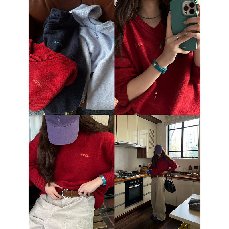 POXFFEE/复古v领针织衫女士秋冬新款宽松内搭设计感针织毛衣上衣|undefined