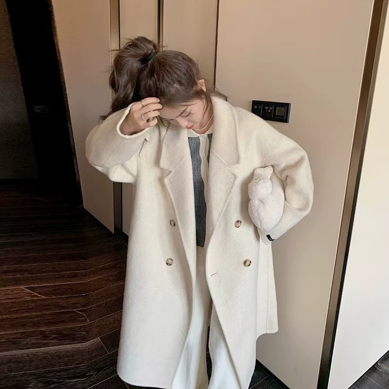 [153-160 Высота] Маленькая старшая детка верблюжья шерстяная шерсть средней длины шерстяная куртка с воротником