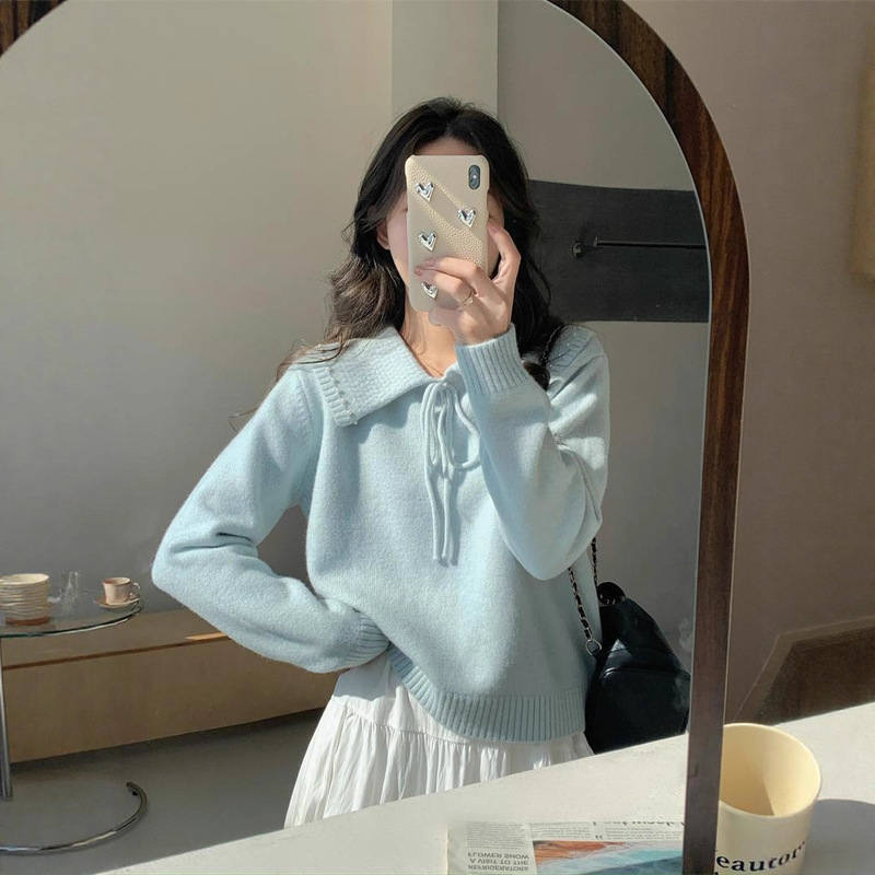 Gentle Style Light Blue Soft and Sweet Pullover Loose Design Niche Lapel Knitwear Women's Lace-Up Knitwear