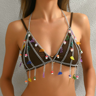 Zhuru Clothing Colorful Dopamine Little Mushroom Dinosaur Pendant Sexy Hollow Body Chain Top Dl0063