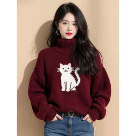 红色小猫高领加厚毛衣针织衫女2025新款冬季慵懒风多巴胺韩系上衣