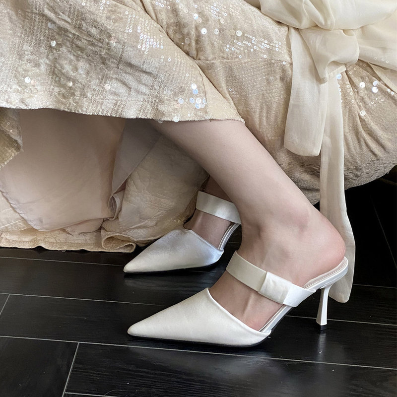 First Encounter with the Season's Pointed-Toe Stiletto Mules, White Satin One-Strap High-Heeled Shoes for Women, 2026 Spring Sandals First Encounter with the Season's Pointed-Toe Stiletto Mules, White Satin One-Strap High-Heeled Shoes for Women, 2026 Spring Sandals