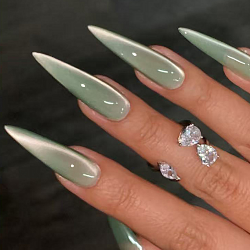 Cross-Border European and American Long Pointed Manicure Emerald Green Cat Eye Wearable Fake Nails Removable 24 Pieces Finished Manicure Pieces