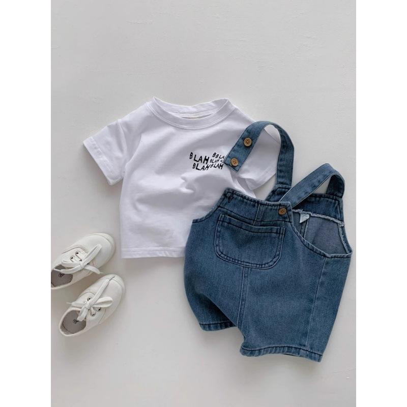 Children's Overalls T-Shirt Suit Kidsren's Summer Denim Overalls Shorts Suit White Short-Sleeved Shorts Two-Piece Set