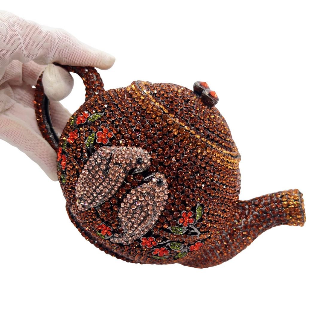 Túi clutch nữ đính đá pha lê hình ấm trà dự tiệc cao cấp — Vàng ánh kim, Xanh bạc, màu nâu, Bạc hồng / Tùy chỉnh