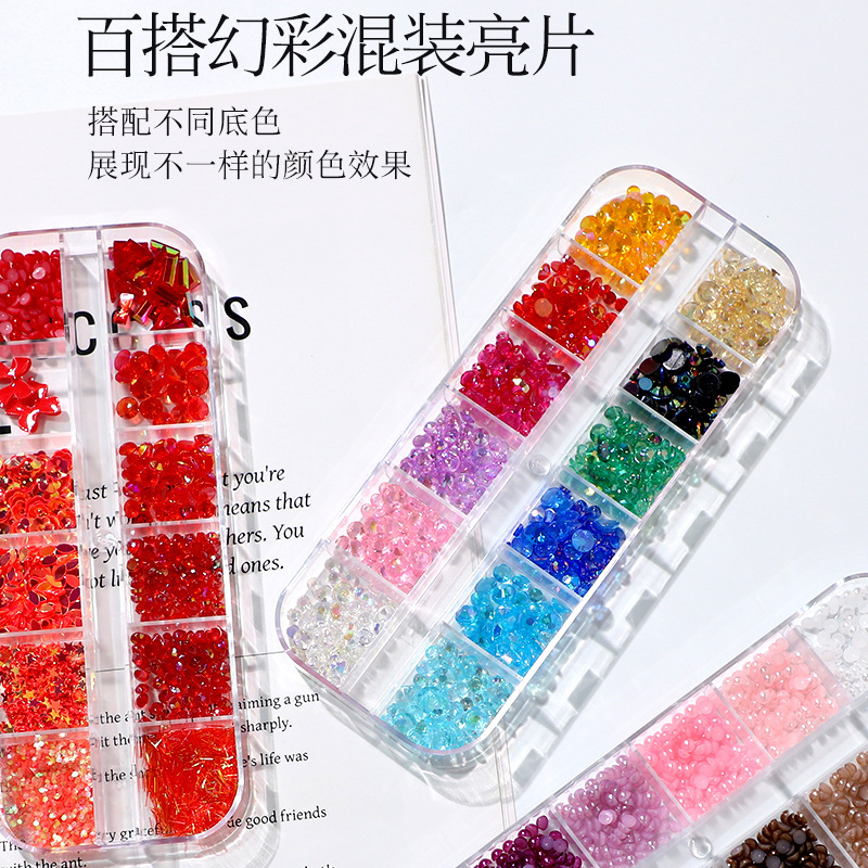 Cross-border nail jewelry 12 grid long boxed flat resin drill AB drill nail drill size mixed nail jewelry Cross-border nail jewelry 12 grid long boxed flat resin drill AB drill nail drill size mixed nail jewelry