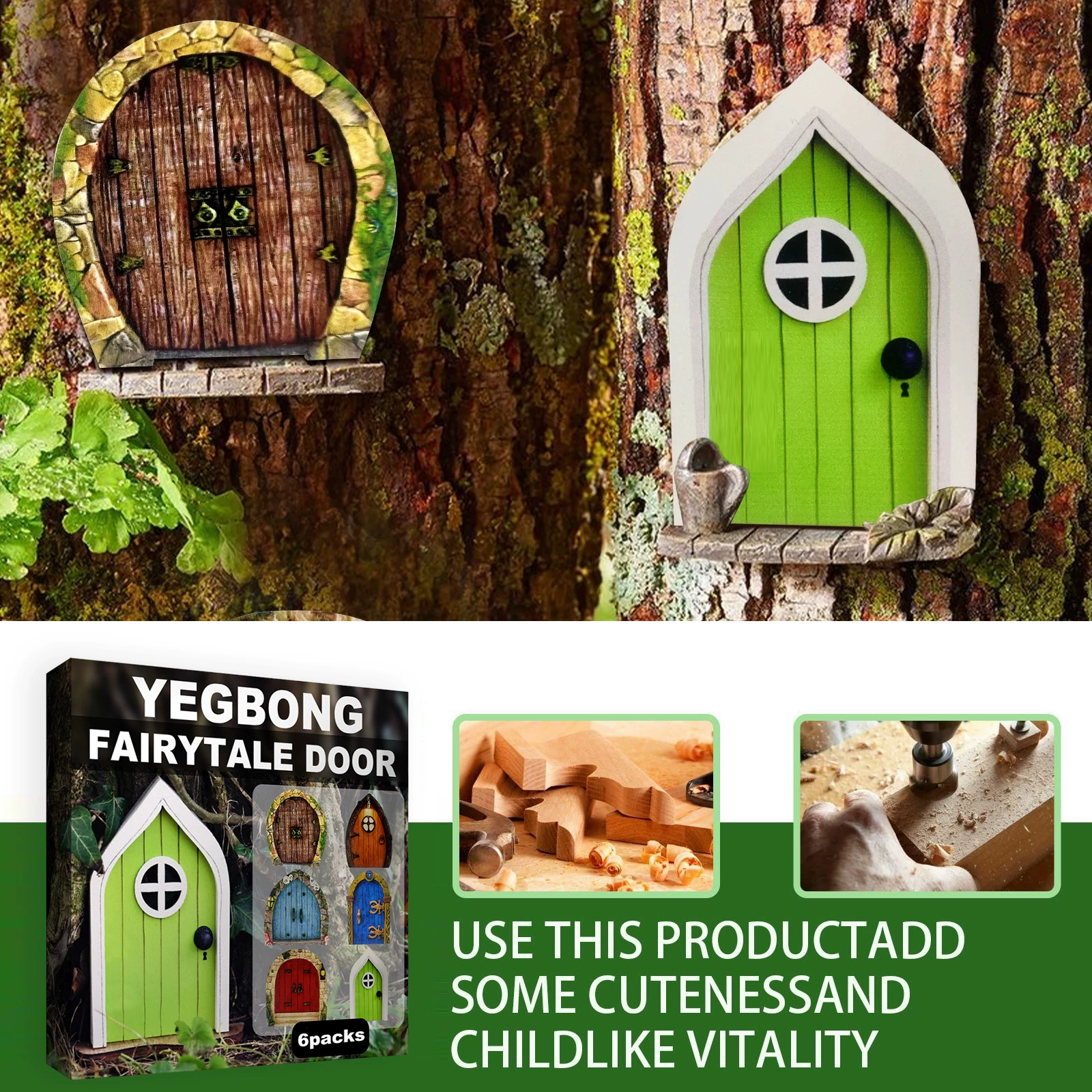 YEGBONG Garden decorative fairy tale door, courtyard tree decor, wooden miniature dwarf decoration fairy tale door