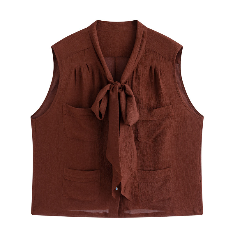 Bow Tie Collar, Versatile Sleeveless Vest Shirt, Women's Top, Solid Color