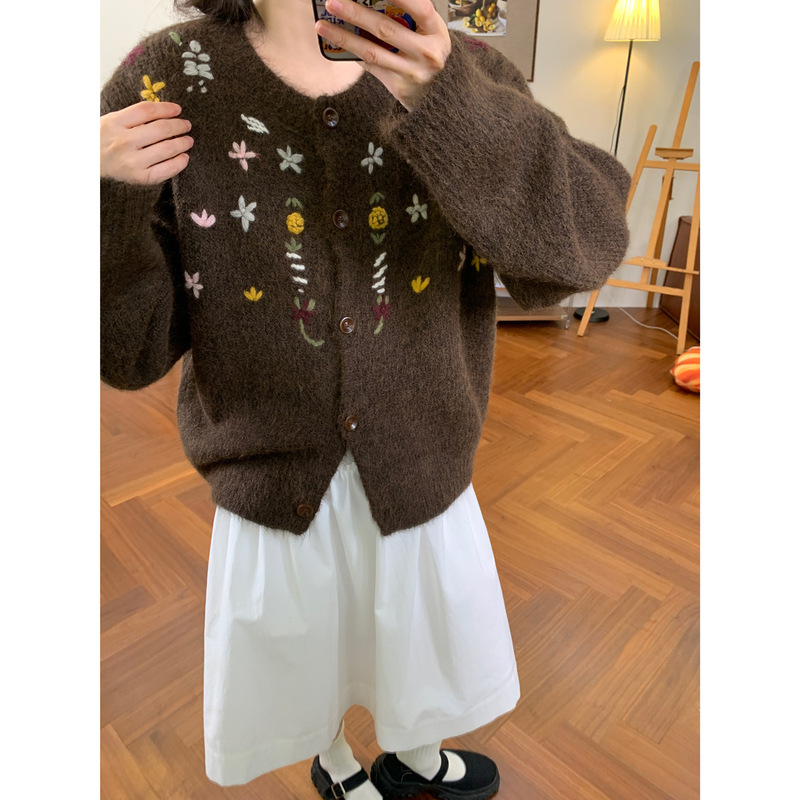 复古重工绣花含羊毛开衫毛衣女2025秋冬新款韩系宽松慵懒针织外套|undefined