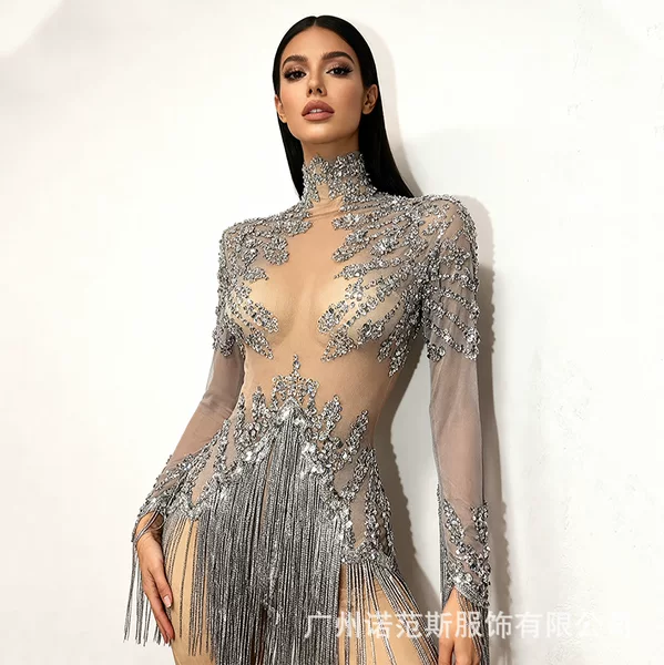 Overseas Tassel Rhinestone Unique Sexy See-Through Mesh Jumpsuit Stage Cheerleading Latin Dance Performance Costume