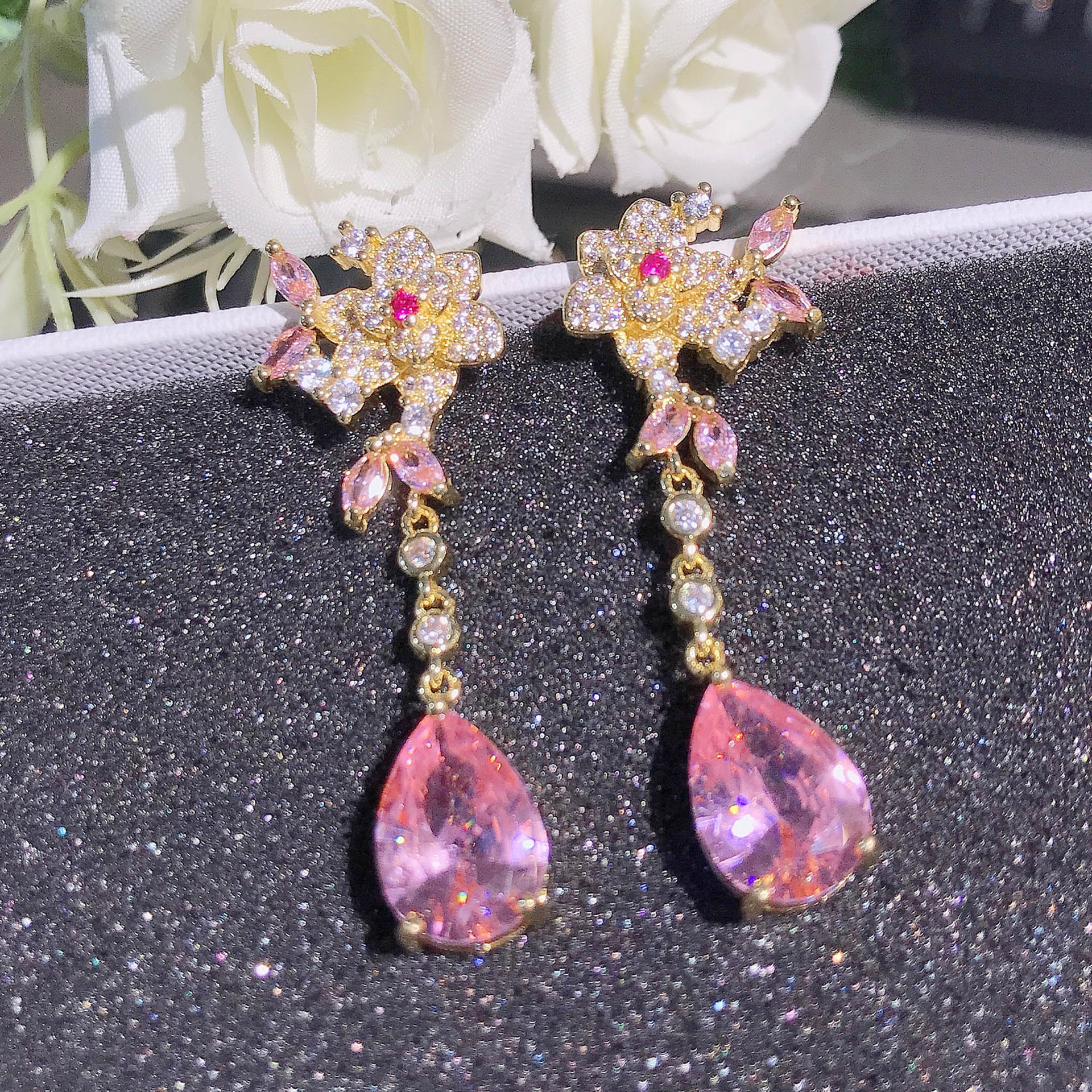Flower Stud Earrings Stereo Rose Pink Drop-shaped Gemstone Crystal Long Earrings display picture 8