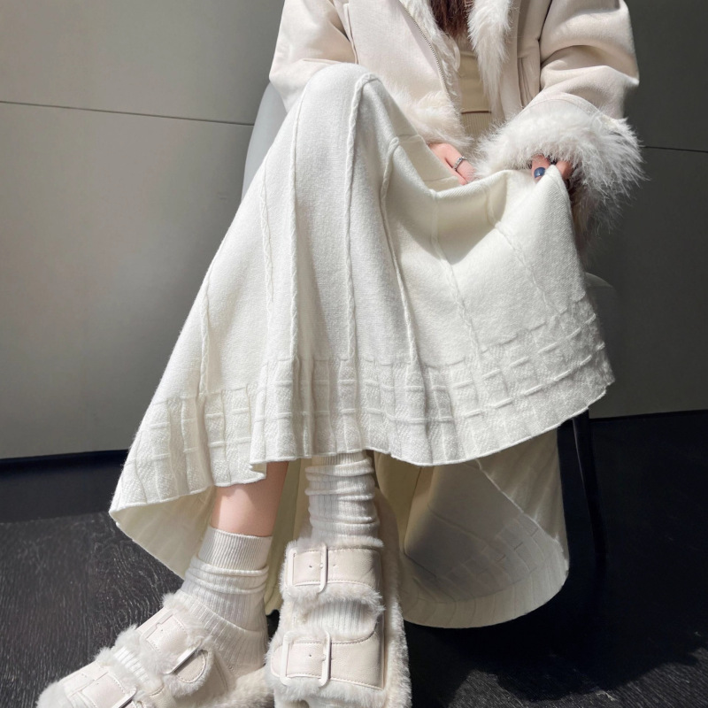 纯色针织裙半身裙女秋冬2025新款中长款冬裙高腰a字大摆裙百褶裙|undefined