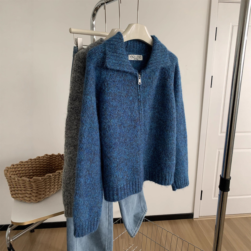 Retro Wool Floral Yarn Lapel Sweater Jacket for Women, Lazy Loose Thickeneded Double Zipper Knitted Cardigan Autumn and Winter Style