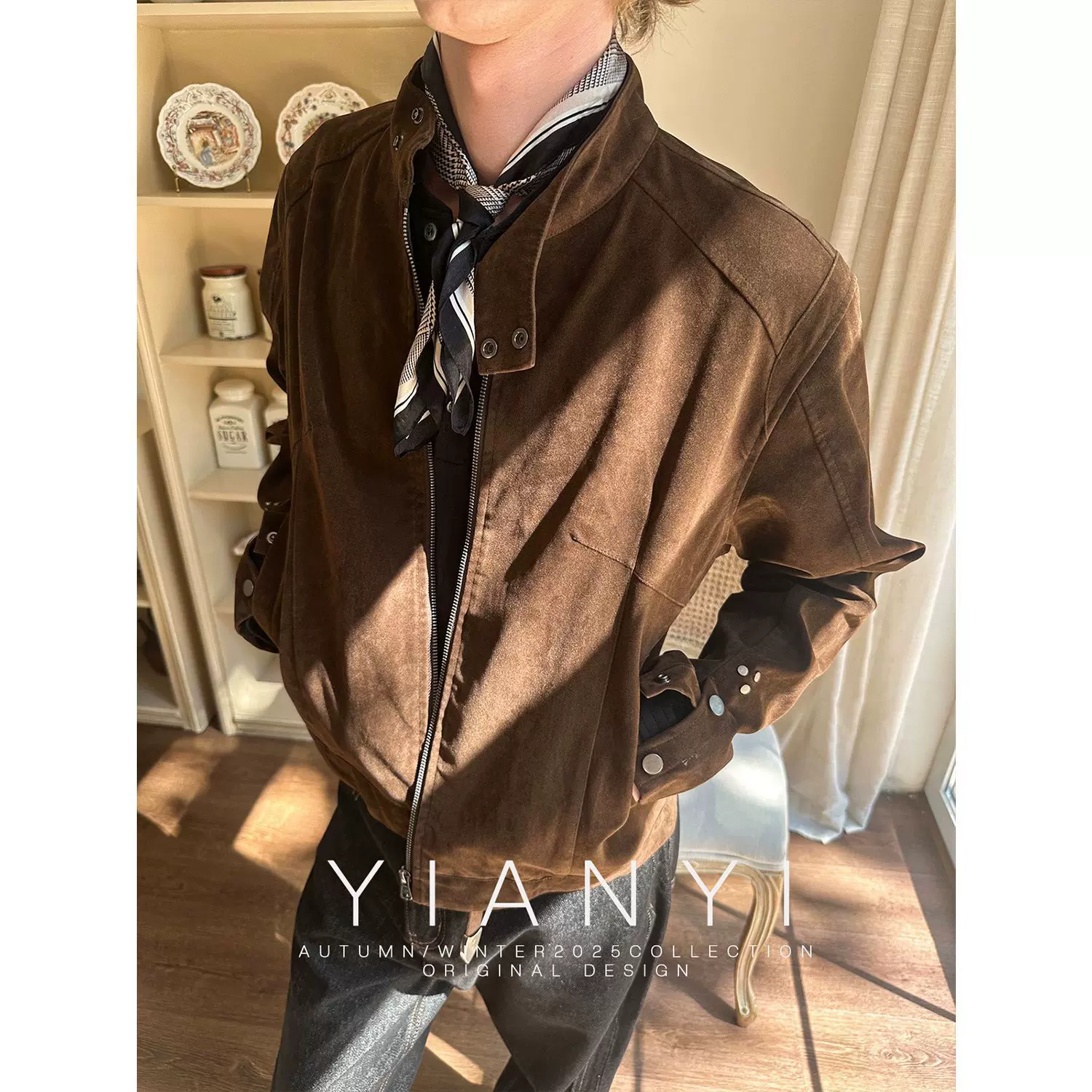 EME男装 25秋冬翻绒皮复古小众高级感Vintage立领拉链夹克外套