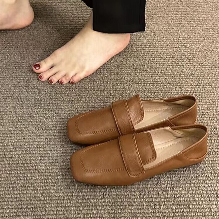 方头豆豆鞋女法式复古温柔平底休闲单鞋软皮软底一脚蹬乐福小皮鞋|undefined