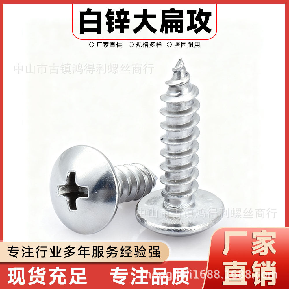 大扁头自攻M3M4M5M6铁镀白锌大扁攻螺丝铁尖尾螺栓 紧固大扁自攻