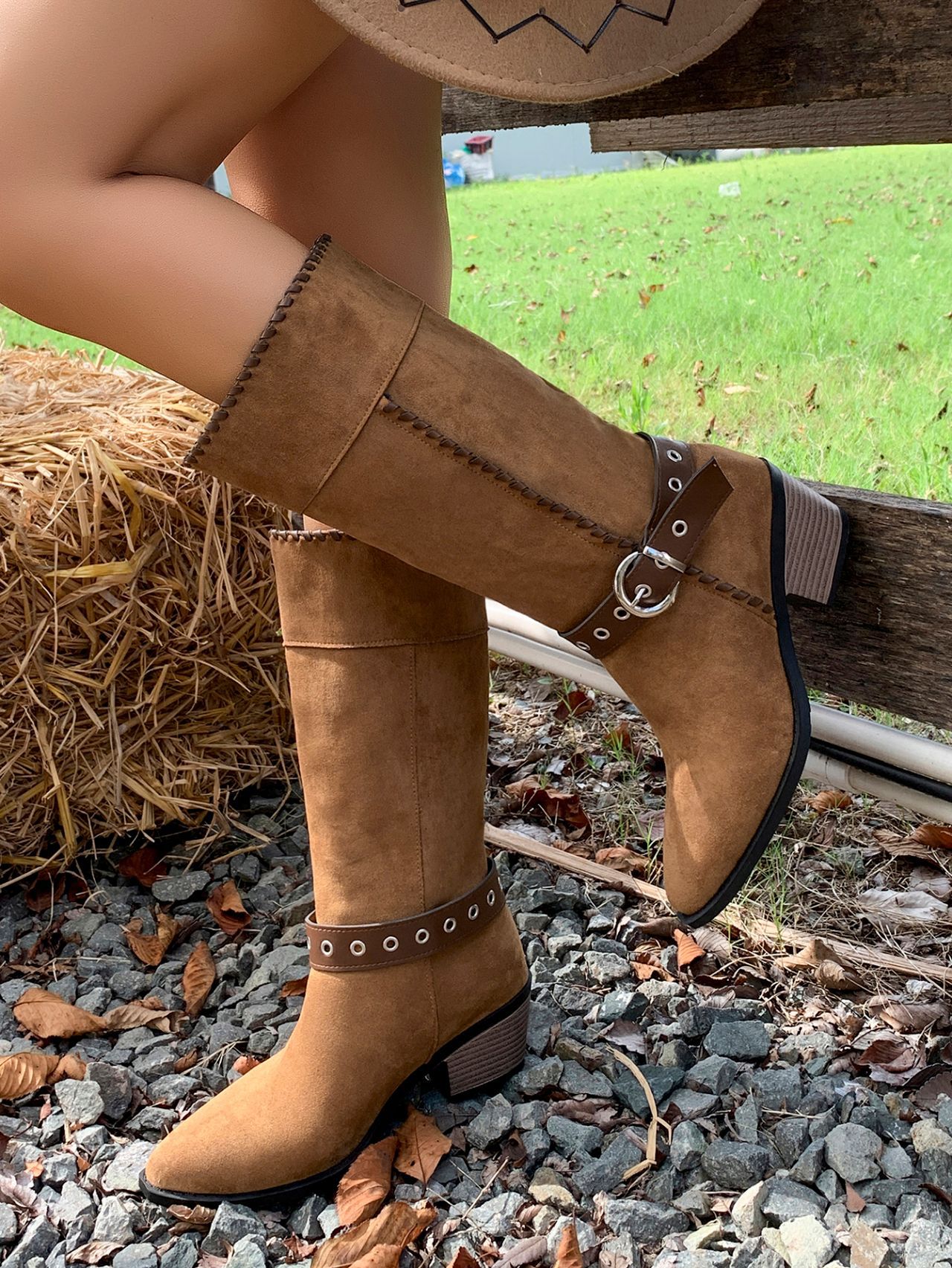 Women's Black Suede Cowboy Boots With Buckle Detail Mid Heel_voghion.com