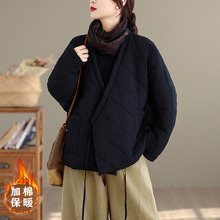 棉麻夹棉外套女冬季新款原创禅意女装国风斜襟系绳棉服外穿棉袄