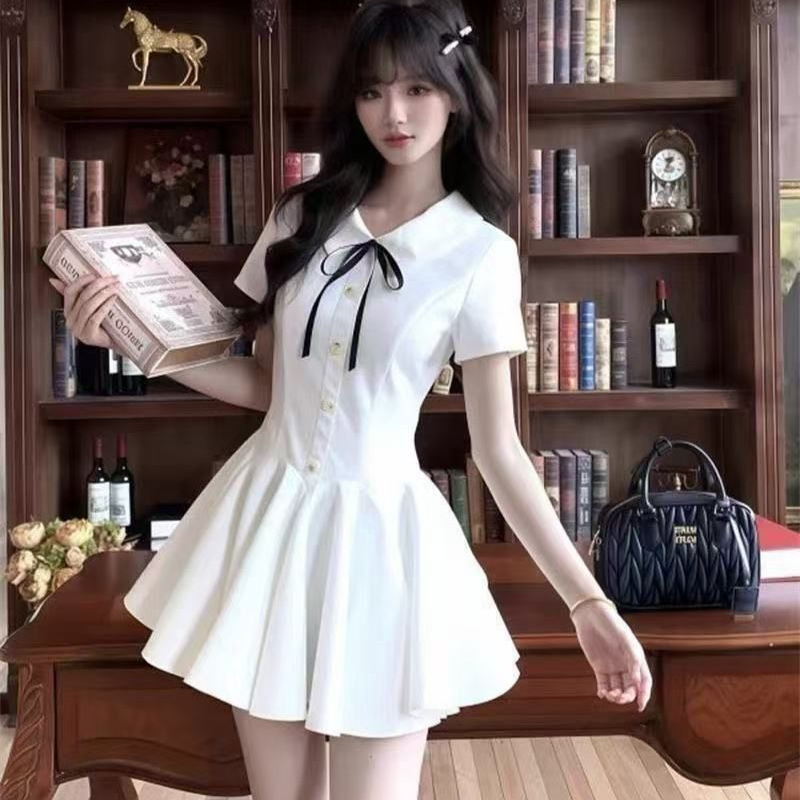 Gentle Preppy Style White Dress with Bow Doll Collar for Women in Summer, Beautiful A-Line Pleated Skirt for Small People