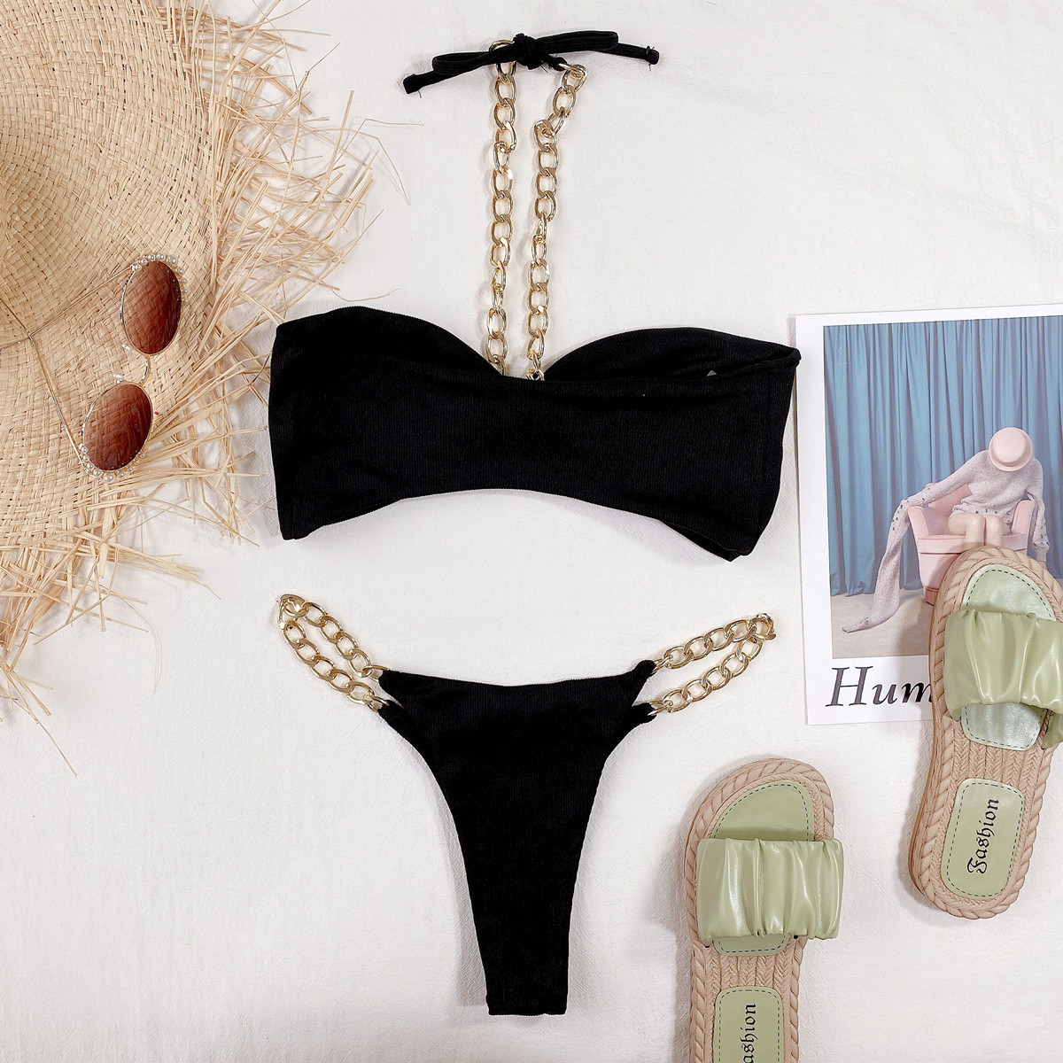 solid color sexy chain sling split swimsuit NSDA51934