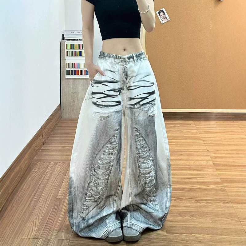 Vintage distressed white ripped jeans for women, 2026 summer new style, wide-leg design with a drapey, curved cut