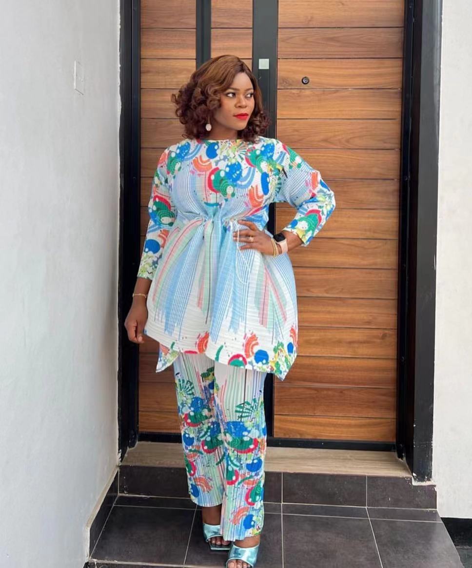 Women's Clothing fashion print pleated drawstring top trousers _voghion.com