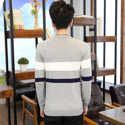 Men's Autumn Hooded Crew Neck Striped Color-blocked Long Sleeve Knit Sweater for Youthful Men Casual Sweatshirt