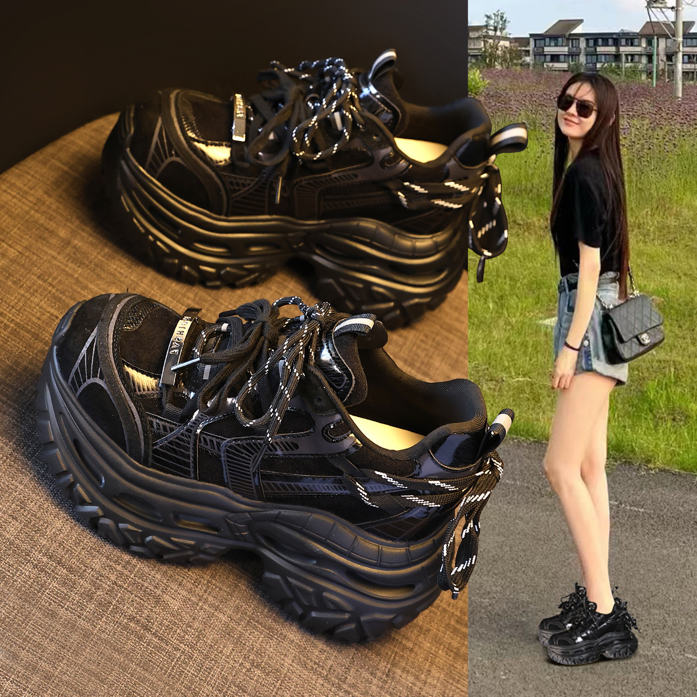 Giày sneaker nữ chunky đế dày tăng chiều cao phong cách thể thao — màu đen
