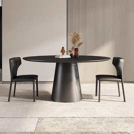 德利丰岩板圆餐桌家用带内嵌转盘纯黑圆形餐桌1.8米2米酒店大圆桌