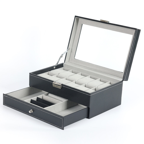 Dr.ills PU leather multi-functional jewelry watch storage box, simple and stylish, double-layer design, ring tray