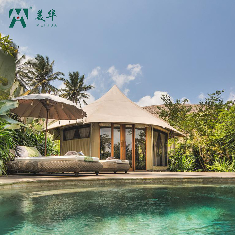 Hotel de tienda de campaña de pico único, atracciones al aire libre, techo de pendiente, tiendas de campaña de campo poligonal, fabricantes de tiendas de campaña de lujo