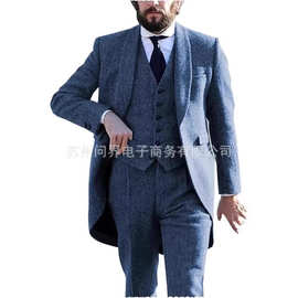 新款英伦复古装大码西服人字纹外套欧美多袋人字纹西服装男士跨境