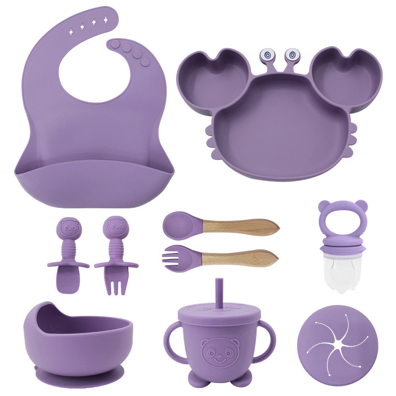 Plato de silicona para niños set de cangrejo para bebés alimentando bacon portátil para comer tenedor cuchara set de bolos de alimentos suplementarios