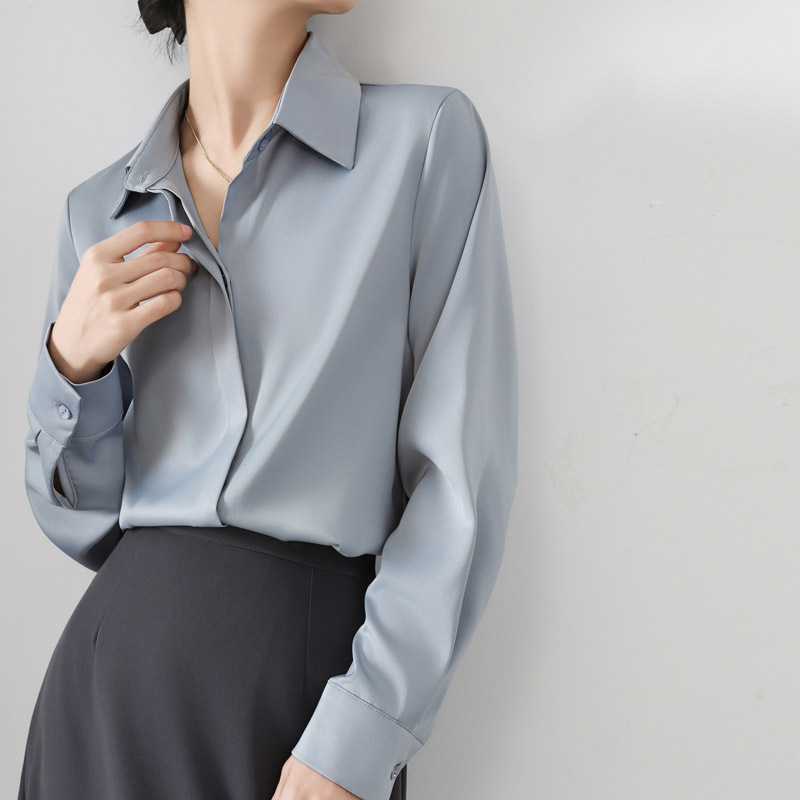 Real Shot Gray Blue Dark Placket Satin Shirt Women's Spring and Autumn Draped Commuter Professional Long Sleeve Shirt Interview Top Real Shot Gray Blue Dark Placket Satin Shirt Women's Spring and Autumn Draped Commuter Professional Long Sleeve Shirt Interview Top