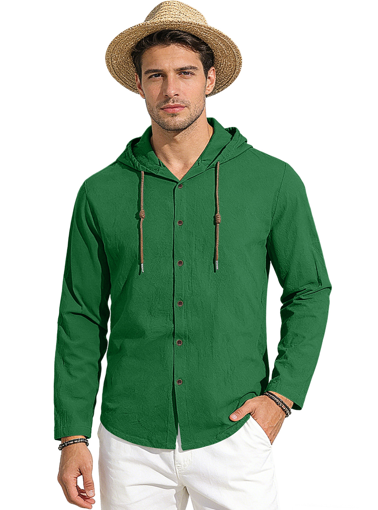 Transfronterizo Amazon nuevo estilo de primavera y verano hombre encapuchado camiseta suelta de algodón puro transpirable camisa casual de manga larga