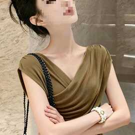 法式荡领交叉短袖恤女2026新款夏季感收腰小衫气质正肩上衣