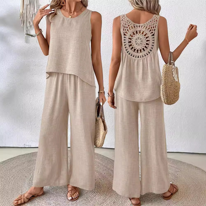 European and American Cross-Border Women's Clothing Spring and Summer Solid Color Hollow Lace Two-Piece Set Casual Tank Top Wide-Leg Pants Long Pants European and American Style