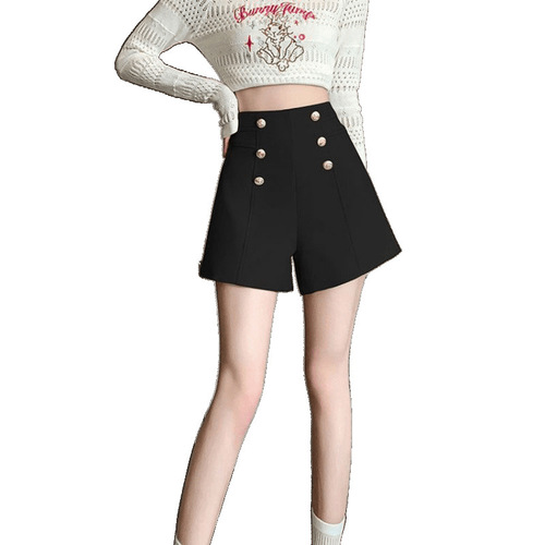 Double-breasted black high-waisted slim-fitting 2025 summer suit shorts for outerwear, stylish and slimming casual pants