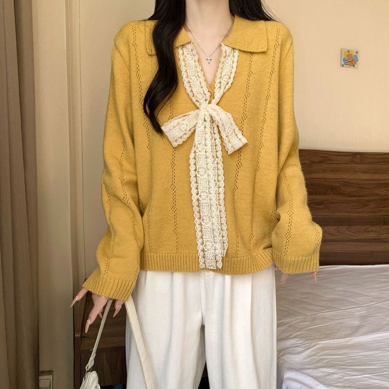 大码设计感蕾丝蝴蝶结系带Polo领针织衫毛衣女秋冬法式温柔风上衣|undefined