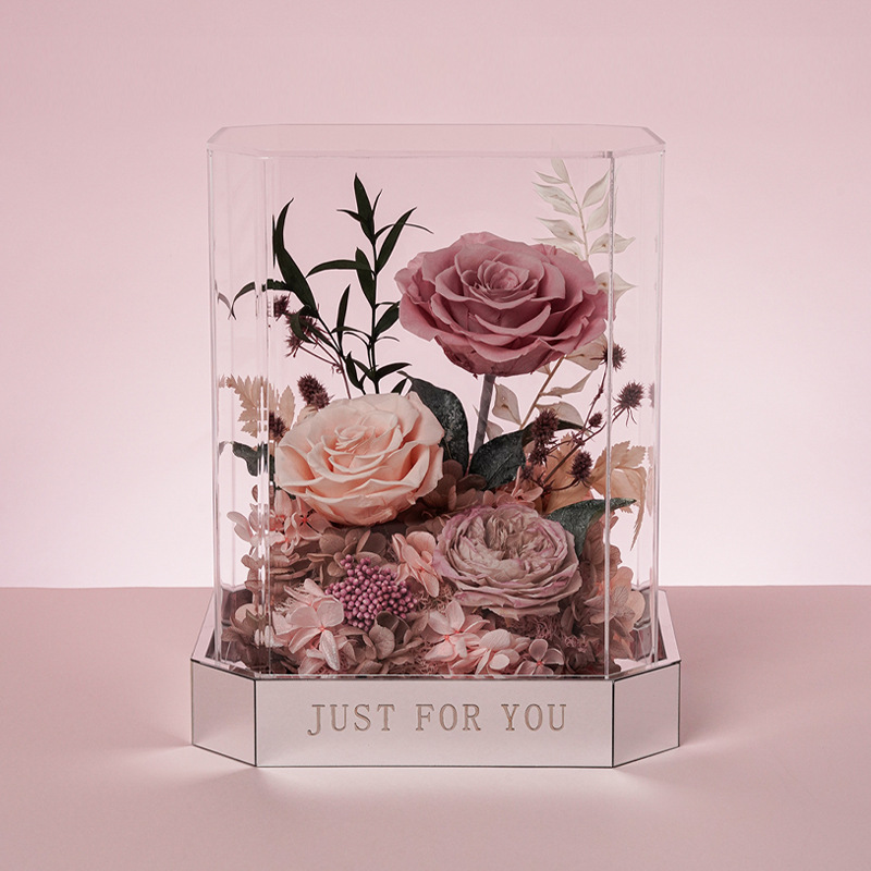 Flores de vida eterna rosa verdaderas flores acabadas acrílicas cajas de San Valentín para mamá novia regalos de alta calidad al por mayor